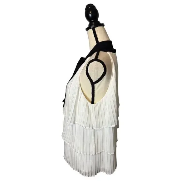 White House Black Market Bow-Neck Pleated Blouse Womens Size 12 White/Black - Picture 3 of 8